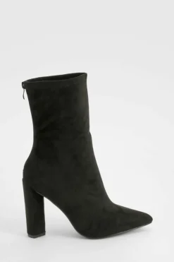 Heels|Heeled Boots*boohoo Faux Suede Pointed Block Heel Sock Boots black