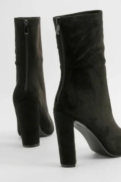 Heels|Heeled Boots*boohoo Faux Suede Pointed Block Heel Sock Boots black
