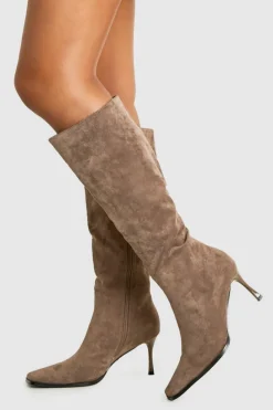 Over The Knee Boots|Knee High Boots*boohoo Faux Suede Pointed Toe Heeled Knee High Boots grey