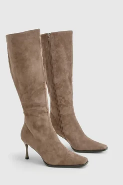 Over The Knee Boots|Knee High Boots*boohoo Faux Suede Pointed Toe Heeled Knee High Boots grey