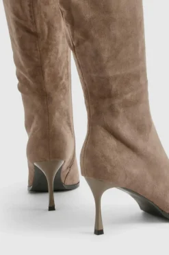 Over The Knee Boots|Knee High Boots*boohoo Faux Suede Pointed Toe Heeled Knee High Boots grey