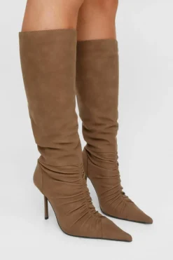 Cowboy Boots*NastyGal Faux Suede Rouch Pointed Toe Knee High Boots brown