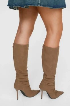Cowboy Boots*NastyGal Faux Suede Rouch Pointed Toe Knee High Boots brown