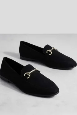 Flats*boohoo Faux Suede Round Toe Single Bar Trim Loafers black