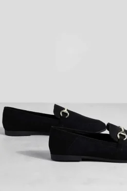 Flats*boohoo Faux Suede Round Toe Single Bar Trim Loafers black