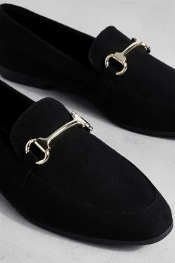 Flats*boohoo Faux Suede Round Toe Single Bar Trim Loafers black