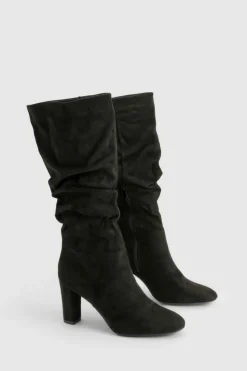 Over The Knee Boots|Knee High Boots*boohoo Faux Suede Ruched Knee High Boots black