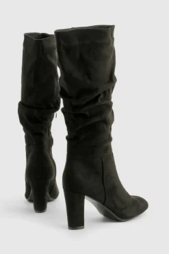 Over The Knee Boots|Knee High Boots*boohoo Faux Suede Ruched Knee High Boots black