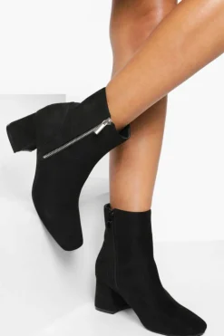 Heels|Heeled Boots*boohoo Faux Suede Side Zip Low Block Heel Boots black