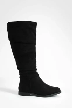 Over The Knee Boots|Knee High Boots*boohoo Faux Suede Slouchy Knee High Flat Boots black