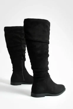 Over The Knee Boots|Knee High Boots*boohoo Faux Suede Slouchy Knee High Flat Boots black