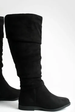 Over The Knee Boots|Knee High Boots*boohoo Faux Suede Slouchy Knee High Flat Boots black