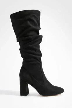 Heels|Over The Knee Boots*boohoo Faux Suede Slouchy Knee High Block Heel Boots black