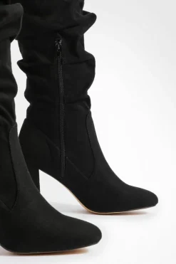 Heels|Over The Knee Boots*boohoo Faux Suede Slouchy Knee High Block Heel Boots black