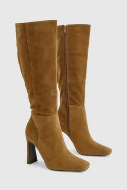Over The Knee Boots|Knee High Boots*boohoo Faux Suede Square Toe Flared Heel Knee High Boots taupe