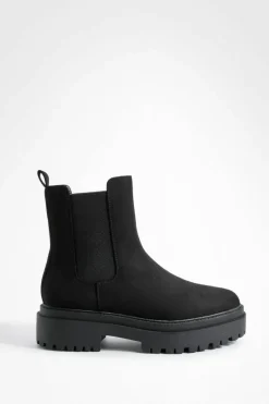 Chunky Boots|All Boots*boohoo Faux Suede Stepped Sole Chunky Chelsea Boots black