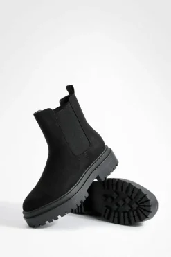 Chunky Boots|All Boots*boohoo Faux Suede Stepped Sole Chunky Chelsea Boots black