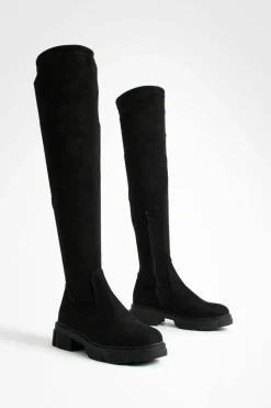 Over The Knee Boots|Knee High Boots*boohoo Faux Suede Stretch Knee High Boots black
