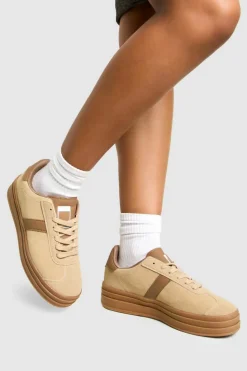 Trainers*boohoo Faux Suede Stripe Gum Sole Trainers taupe
