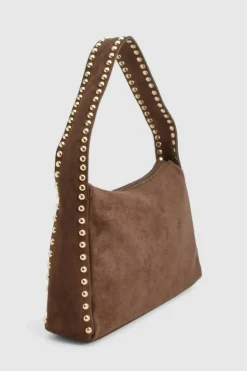 Shoulder Bags|Handbags*boohoo Faux Suede Studded Handle Slouchy Shoulder Bag chocolate