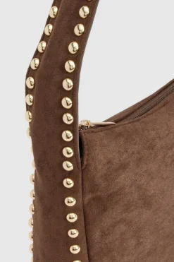 Shoulder Bags|Handbags*boohoo Faux Suede Studded Handle Slouchy Shoulder Bag chocolate