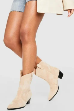 Cowboy Boots|Ankle Boots*boohoo Faux Suede Tab Detail Western Cowboy Ankle Boots beige