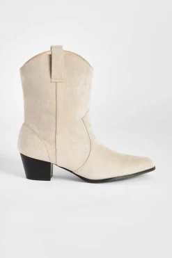 Cowboy Boots|Ankle Boots*boohoo Faux Suede Tab Detail Western Cowboy Ankle Boots beige