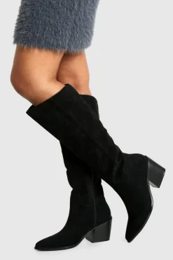 Knee High Boots|Cowboy Boots*boohoo Faux Suede Western Cowboy Boots black