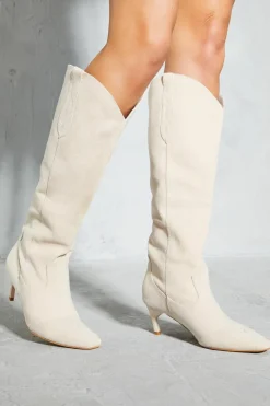 Heeled Boots*MissPap Faux Suede Western Low Heel Boots stone