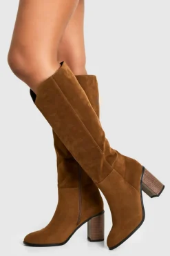 Over The Knee Boots|Knee High Boots*boohoo Faux Suede Wooden Stack Heel Detail Knee High Boot taupe