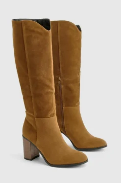 Over The Knee Boots|Knee High Boots*boohoo Faux Suede Wooden Stack Heel Detail Knee High Boot taupe