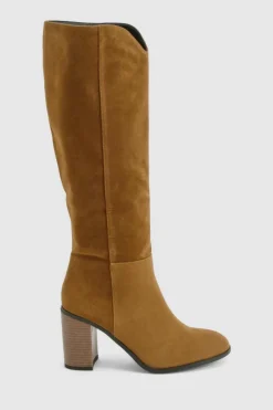 Over The Knee Boots|Knee High Boots*boohoo Faux Suede Wooden Stack Heel Detail Knee High Boot taupe