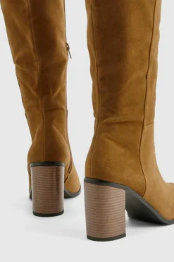 Over The Knee Boots|Knee High Boots*boohoo Faux Suede Wooden Stack Heel Detail Knee High Boot taupe