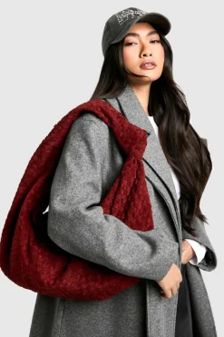 Woven Bags|Shoulder Bags*boohoo Faux Suede Woven Knot Oversized Shoulder Bag dark red