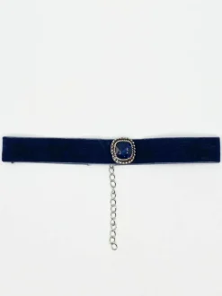 Necklaces*SVNX Faux Velvet Choker Necklace with Jewel Navy