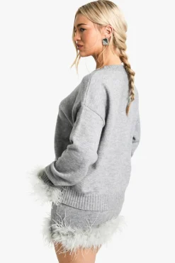 Oversized Jumpers*boohoo Feather Cuff Detail Knitted Oversized Jumper grey