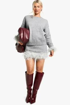 Oversized Jumpers*boohoo Feather Cuff Detail Knitted Oversized Jumper grey