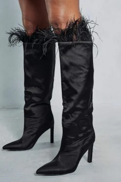 Over The Knee Boots|Knee High Boots*MissPap Feather Trim Knee High Heeled Boots black