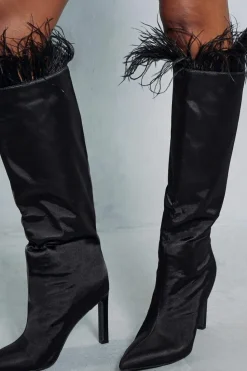 Over The Knee Boots|Knee High Boots*MissPap Feather Trim Knee High Heeled Boots black