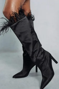 Over The Knee Boots|Knee High Boots*MissPap Feather Trim Knee High Heeled Boots black