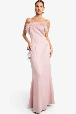 Cami Dresses*boohoo Feather Trim Satin Maxi Slip Dress baby pink
