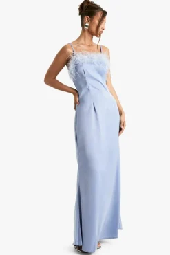 Cami Dresses*boohoo Feather Trim Satin Maxi Slip Dress baby blue