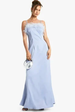 Cami Dresses*boohoo Feather Trim Satin Maxi Slip Dress baby blue