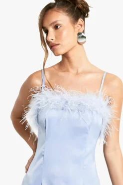 Cami Dresses*boohoo Feather Trim Satin Maxi Slip Dress baby blue