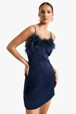 Cami Dresses|Mini Dresses*boohoo Feather Trim Satin Mini Slip Dress navy