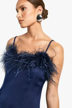 Cami Dresses|Mini Dresses*boohoo Feather Trim Satin Mini Slip Dress navy
