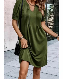 Shirt Dresses|T-Shirt Dresses*Azura Exchange Fern Green Notched Neck Pleated Puff Sleeve Shift T-shirt Dress Multi