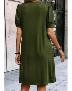 Shirt Dresses|T-Shirt Dresses*Azura Exchange Fern Green Notched Neck Pleated Puff Sleeve Shift T-shirt Dress Multi