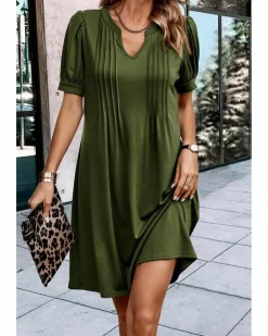 Shirt Dresses|T-Shirt Dresses*Azura Exchange Fern Green Notched Neck Pleated Puff Sleeve Shift T-shirt Dress Multi