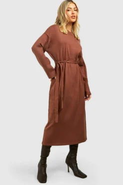 Jumper Dresses|Jumper Dresses*boohoo Fine Gauge Belted Knitted Midaxi Dress chocolate